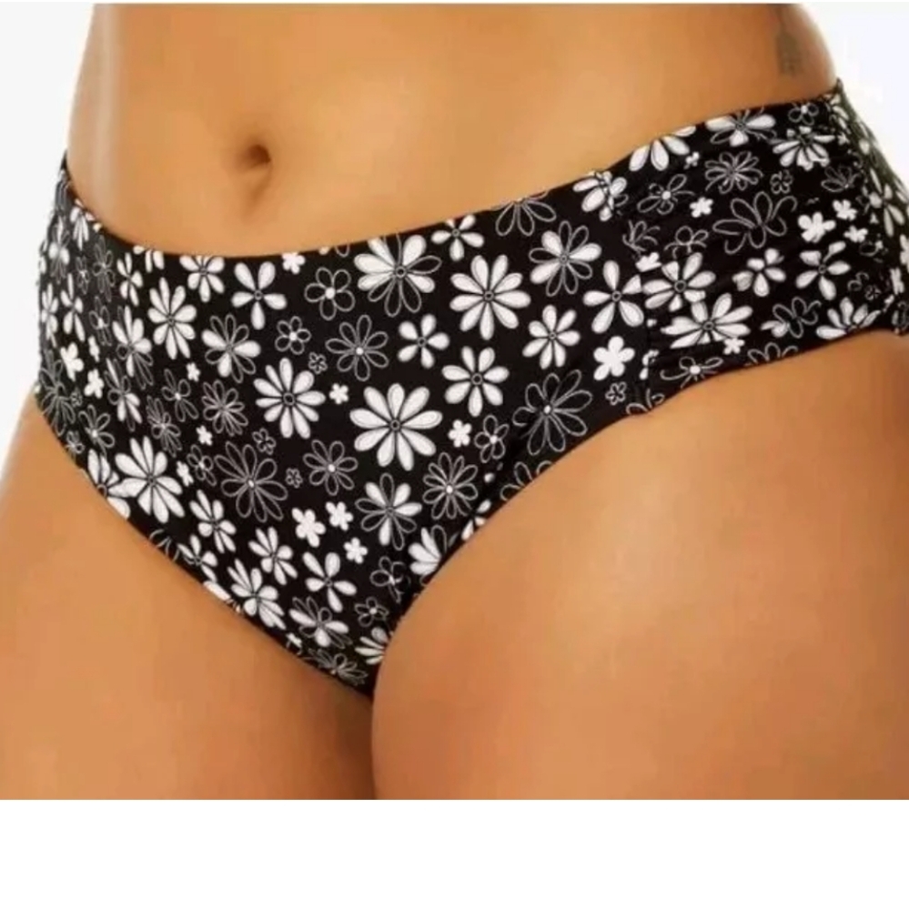 Salt Cove Shirred Tab Bikini Swim Bottoms Woman Plus Sz 20/22W Black Floral New